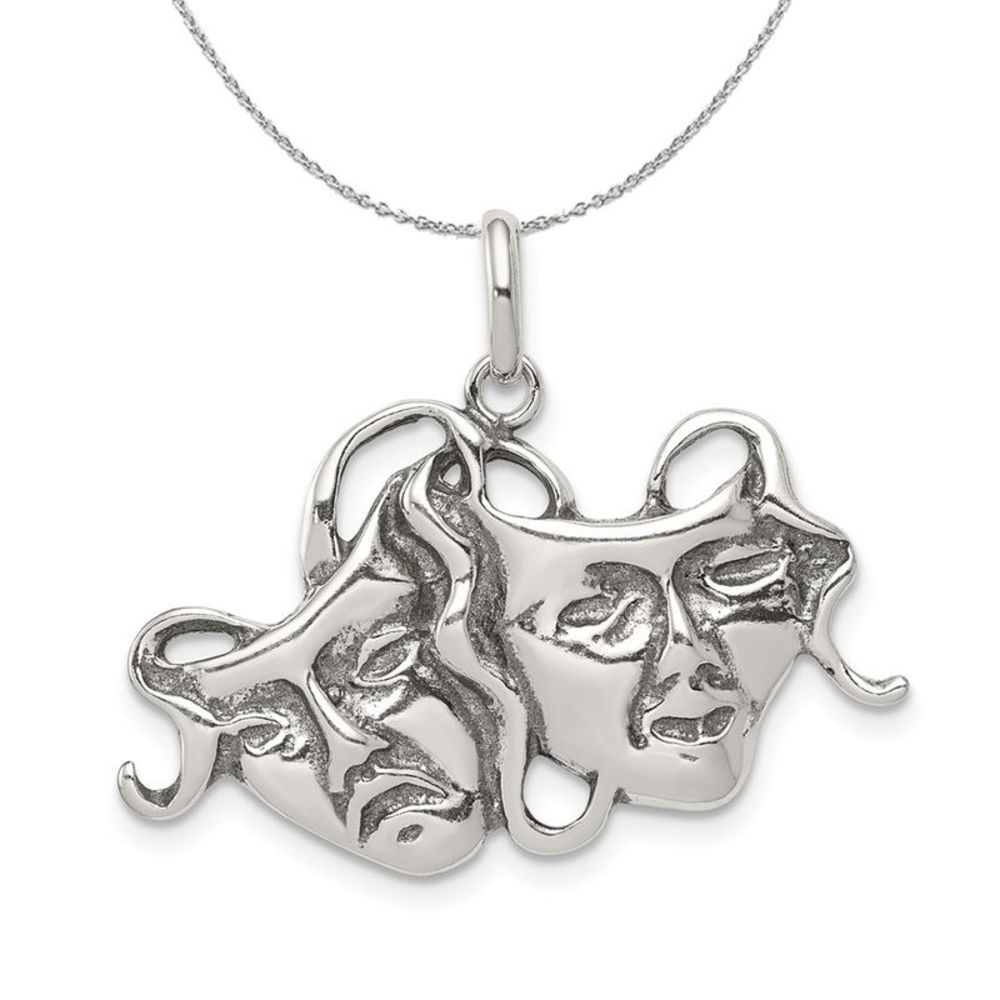 Sterling Silver Antiqued Comedy and Tragedy Mask Necklace - 16 inch